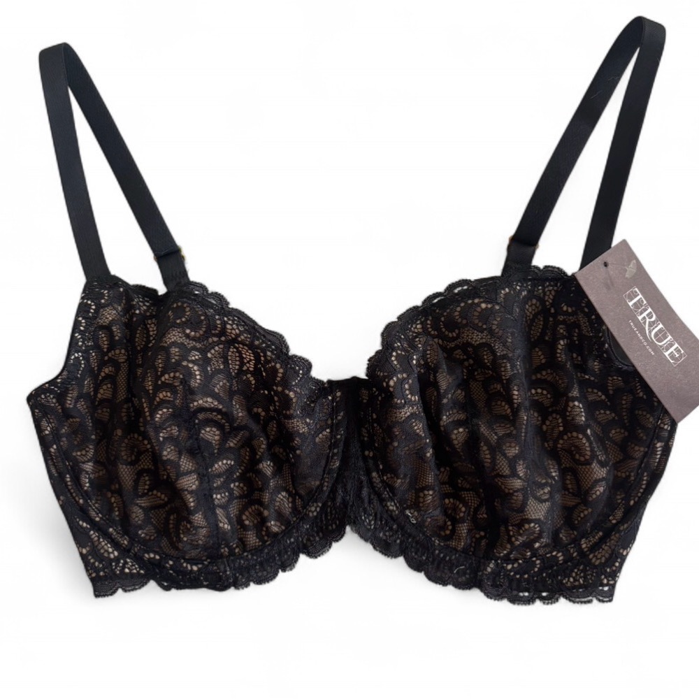 True & Co. Gramercy Balconette Bra | Black Lace | 34DD | NWT